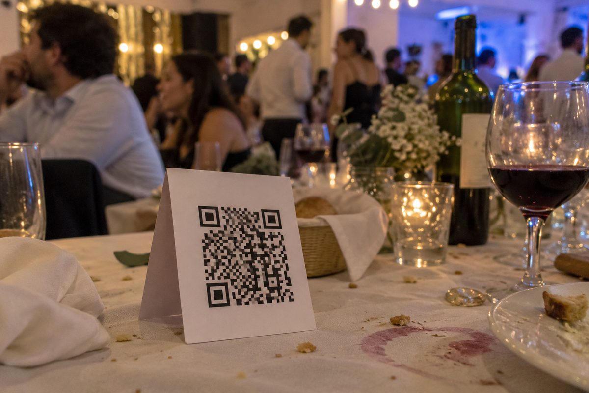El cartel con el código del evento, parado sobre la mesa, con la fiesta desenfocada detrás